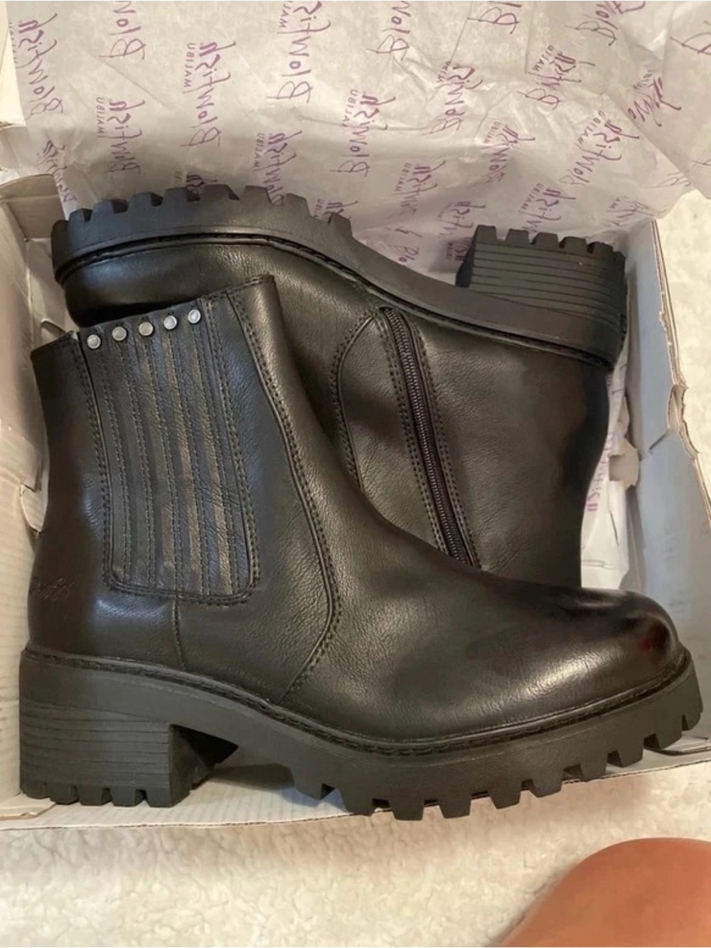 Black Leather Lug-Sole Chelsea Booties - Women